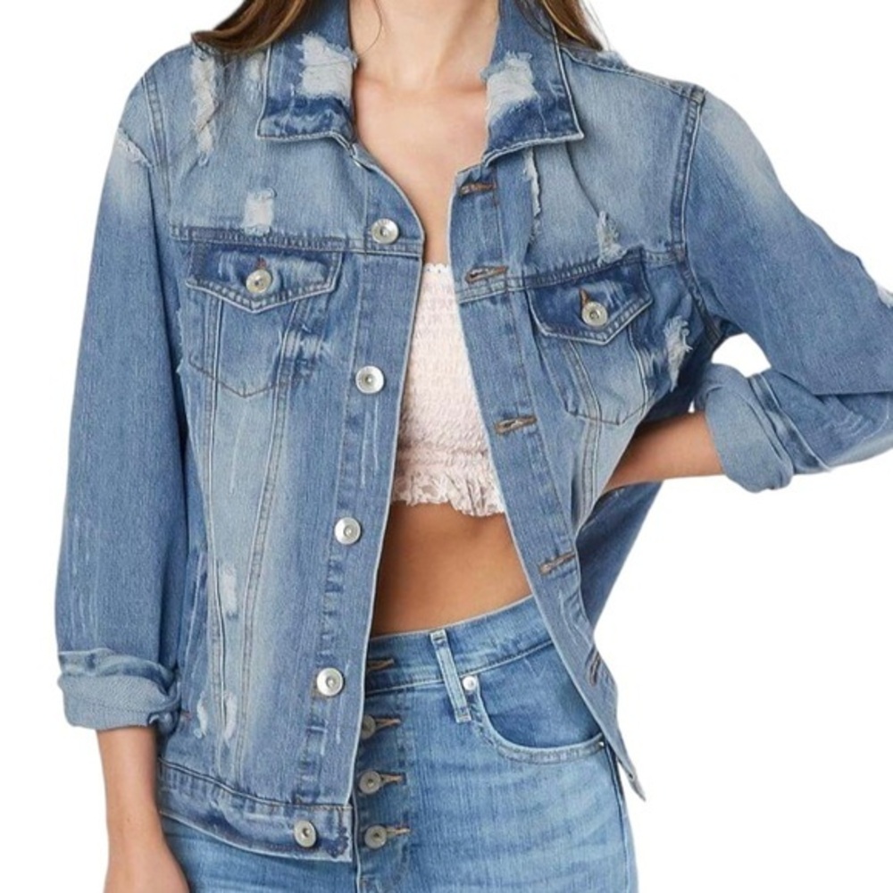 Ci Sono Boyfriend Distressed Ripped Denim Jacket
